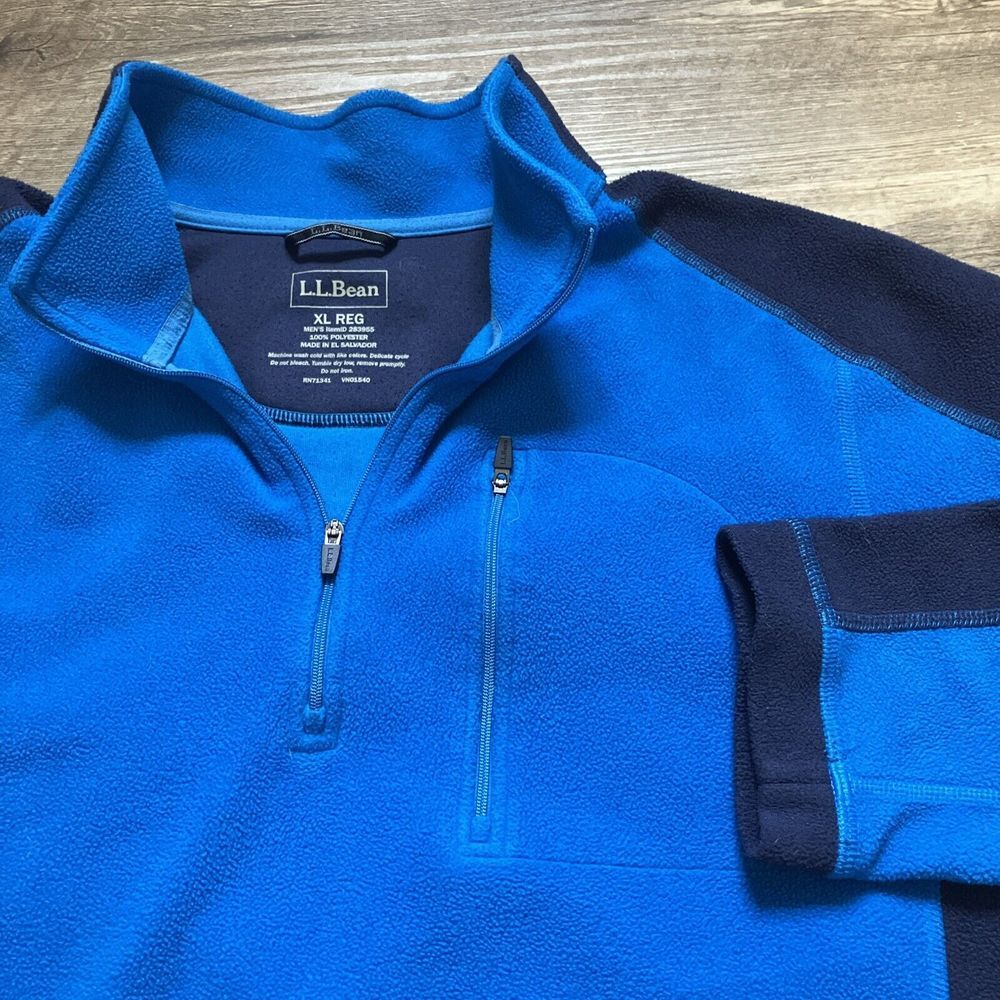 LL Bean Mens XL Blue Colorblock Fleece Quarter Zip Pullover Sweater 283955